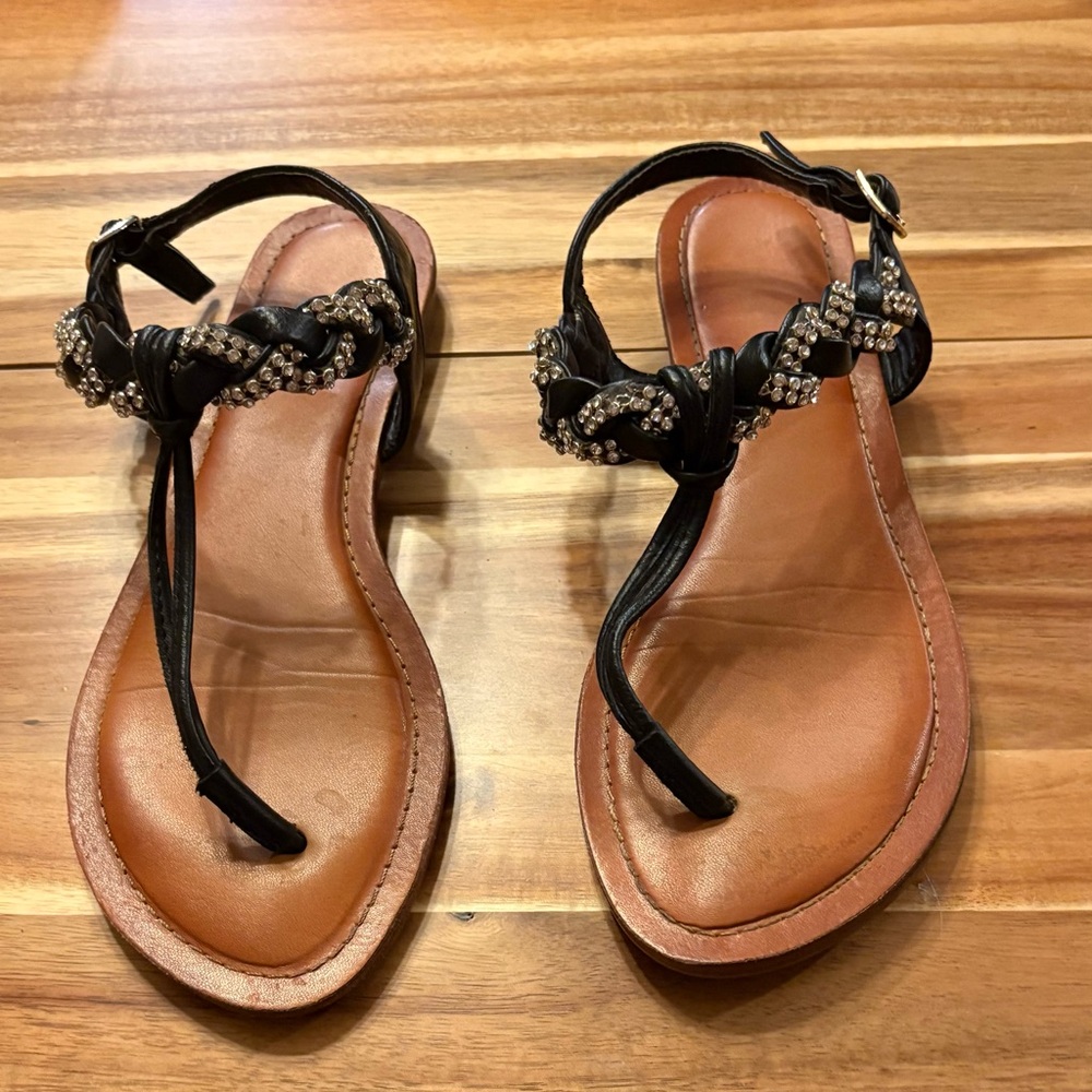 C&M Size 7.5 Black Rhinestone Bling Dress Beach Flat T Strap Sandals
